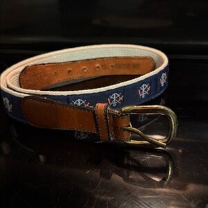 Leather belt with brass buckle and nautical print, preppy Tan and Cream 32 inch